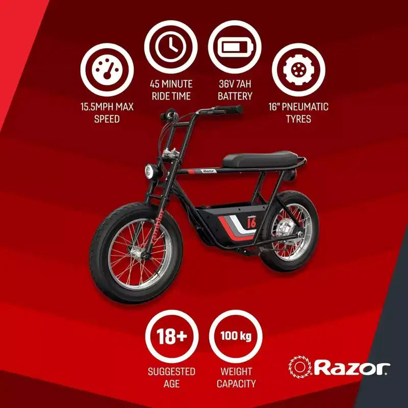 Minimoto elettrica Razor Rambler 16 stile retrò con motore da 350 W e batteria da 36 V, nero