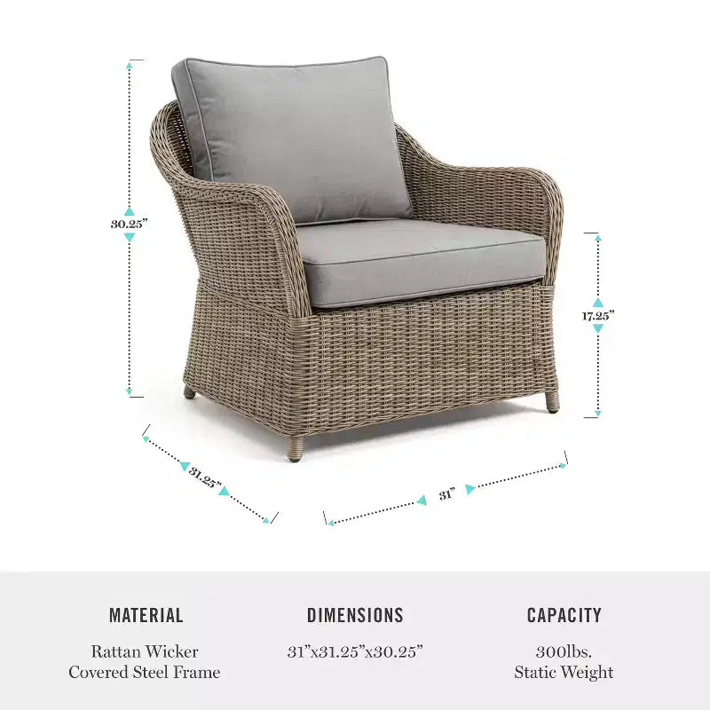 Martha Stewart Lily Pond Set of 2 Indoor-Outdoor Patio Club Chairs in Weathered Gray Rattan Wicker with Gray All-Weather Cushions