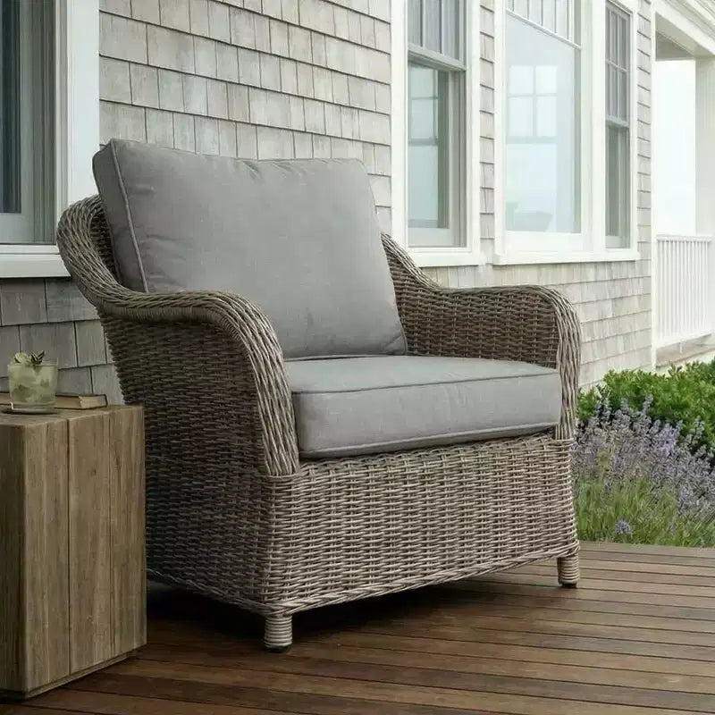 Martha Stewart Lily Pond Indoor-Outdoor Patio Club Chair in Weathered Gray Rattan Wicker with Gray All-Weather Cushions