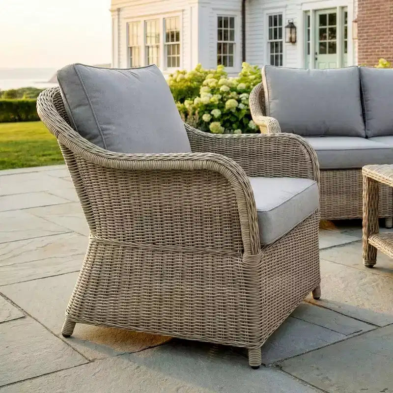 Martha Stewart Lily Pond Indoor-Outdoor Patio Club Chair in Weathered Gray Rattan Wicker with Gray All-Weather Cushions