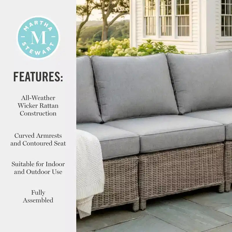 Martha Stewart Lily Pond Indoor-Outdoor Modular Patio Sectional Sofa Center Seat in Weathered Gray Rattan Wicker with Gray All-Weather Cushions