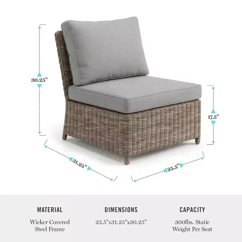 Martha Stewart Lily Pond Indoor-Outdoor Modular Patio Sectional Sofa Center Seat in Weathered Gray Rattan Wicker with Gray All-Weather Cushions