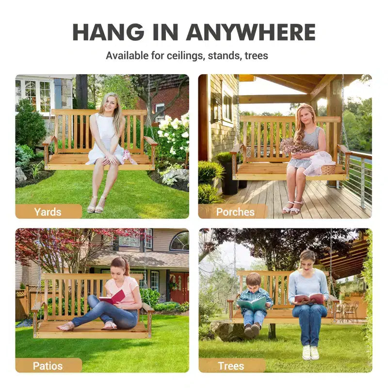 4FT Outdoor Wooden Porch Swing, Patio Hanging Bench Swing with Hanging Chains & Springs for Garden, Deck, Patio, Yard & Beach