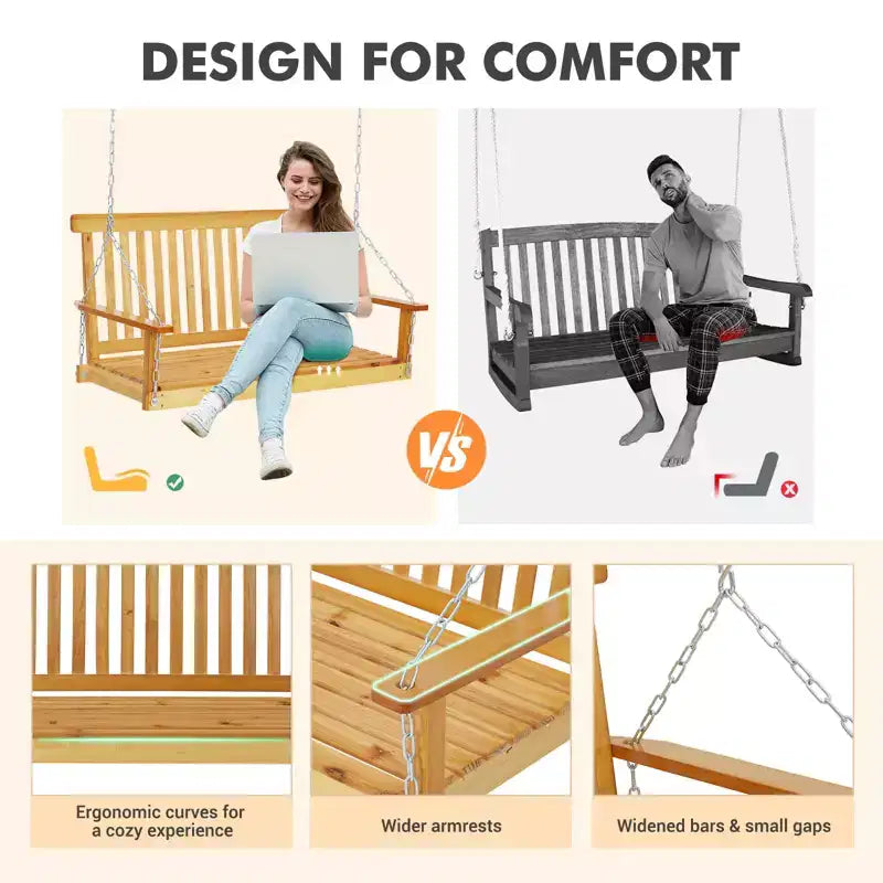 4FT Outdoor Wooden Porch Swing, Patio Hanging Bench Swing with Hanging Chains & Springs for Garden, Deck, Patio, Yard & Beach