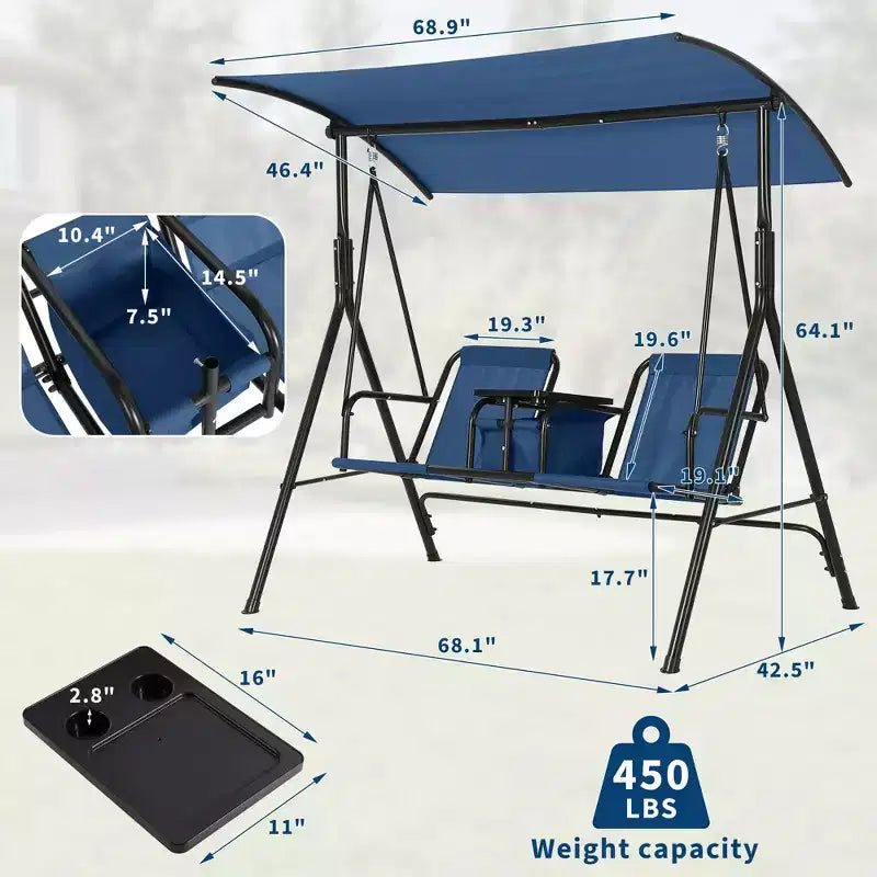 2-Person Outdoor Porch Swing with Canopy, Cup Holders & Pivot Storage Table, Weather-Resistant Steel Frame