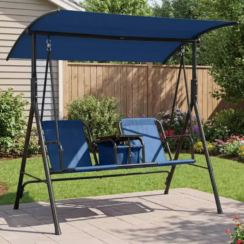 2-Person Outdoor Porch Swing with Canopy, Cup Holders & Pivot Storage Table, Weather-Resistant Steel Frame
