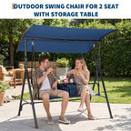 2-Person Outdoor Porch Swing with Canopy, Cup Holders & Pivot Storage Table, Weather-Resistant Steel Frame