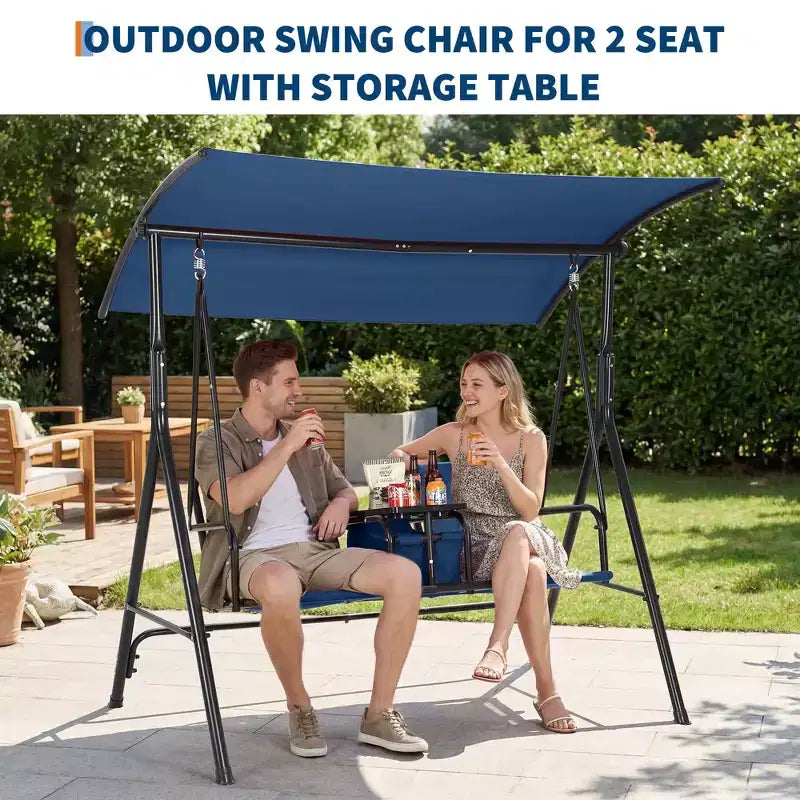 2-Person Outdoor Porch Swing with Canopy, Cup Holders & Pivot Storage Table, Weather-Resistant Steel Frame