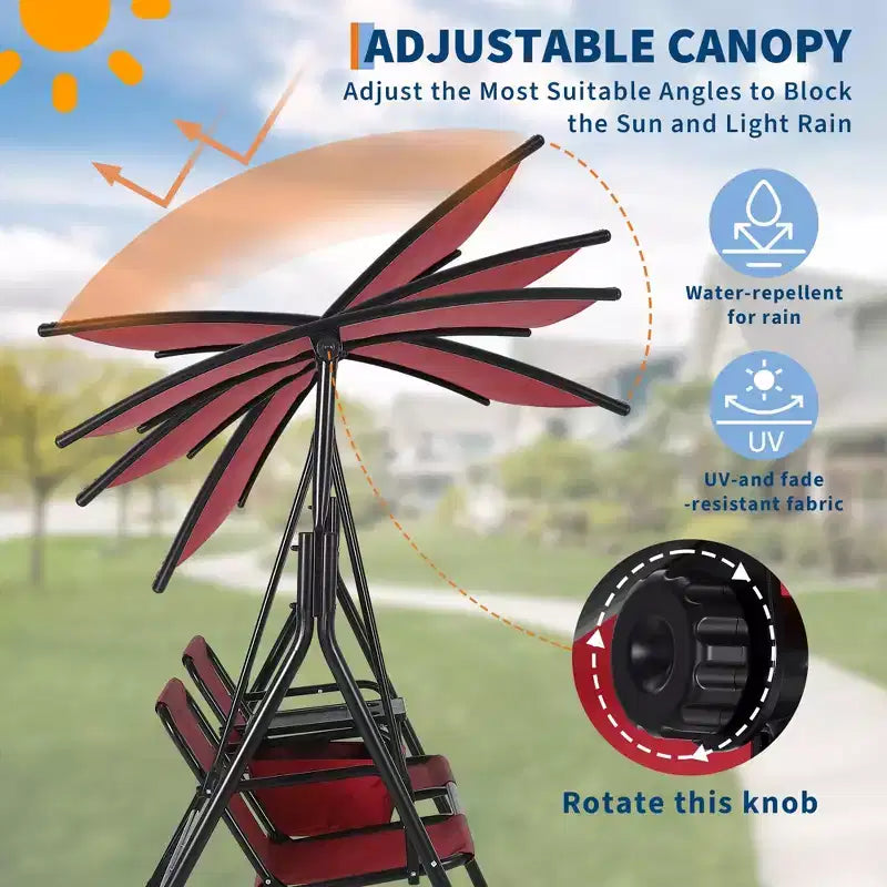 2-Person Outdoor Porch Swing with Canopy, Cup Holders & Pivot Storage Table, Weather-Resistant Steel Frame