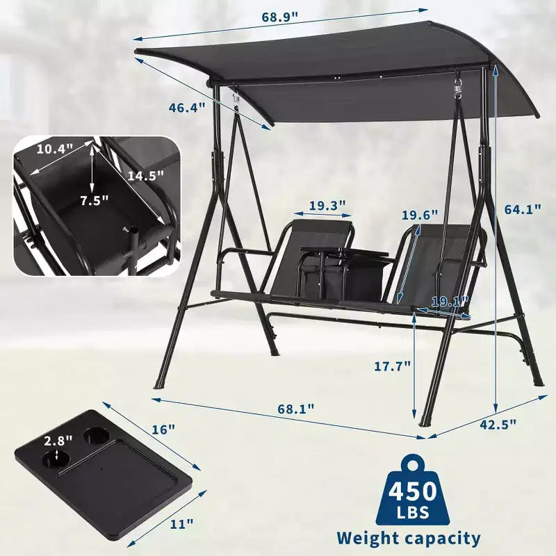 2-Person Outdoor Porch Swing with Canopy, Cup Holders & Pivot Storage Table, Weather-Resistant Steel Frame