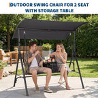 2-Person Outdoor Porch Swing with Canopy, Cup Holders & Pivot Storage Table, Weather-Resistant Steel Frame