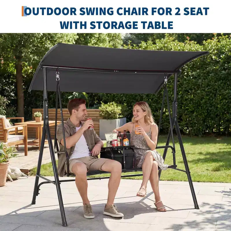 2-Person Outdoor Porch Swing with Canopy, Cup Holders & Pivot Storage Table, Weather-Resistant Steel Frame