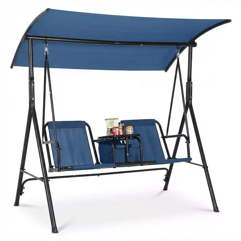 2-Person Outdoor Porch Swing with Canopy, Cup Holders & Pivot Storage Table, Weather-Resistant Steel Frame