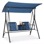 2-Person Outdoor Porch Swing with Canopy, Cup Holders & Pivot Storage Table, Weather-Resistant Steel Frame
