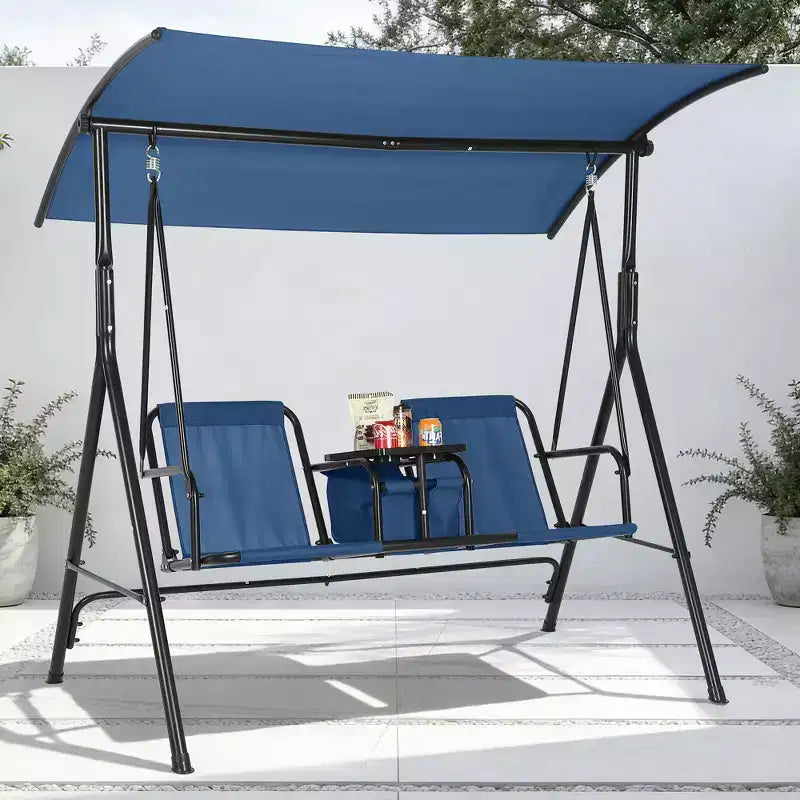 2-Person Outdoor Porch Swing with Canopy, Cup Holders & Pivot Storage Table, Weather-Resistant Steel Frame