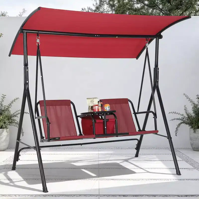 2-Person Outdoor Porch Swing with Canopy, Cup Holders & Pivot Storage Table, Weather-Resistant Steel Frame