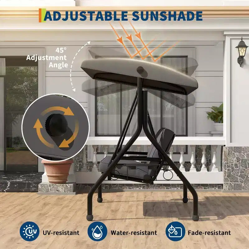 Dondolo da Esterno a 3 Posti con Tettuccio, Portabicchieri e Cuscini Imbottiti, Telaio in Acciaio Resistente alle Intemperie per Giardino, Cortile