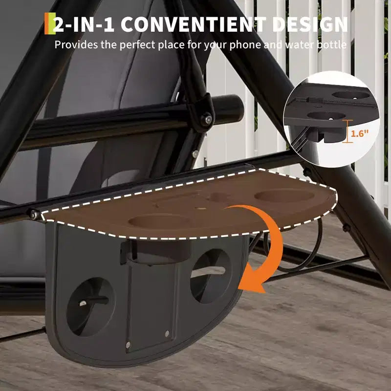 Dondolo da Esterno a 3 Posti con Tettuccio, Portabicchieri e Cuscini Imbottiti, Telaio in Acciaio Resistente alle Intemperie per Giardino, Cortile