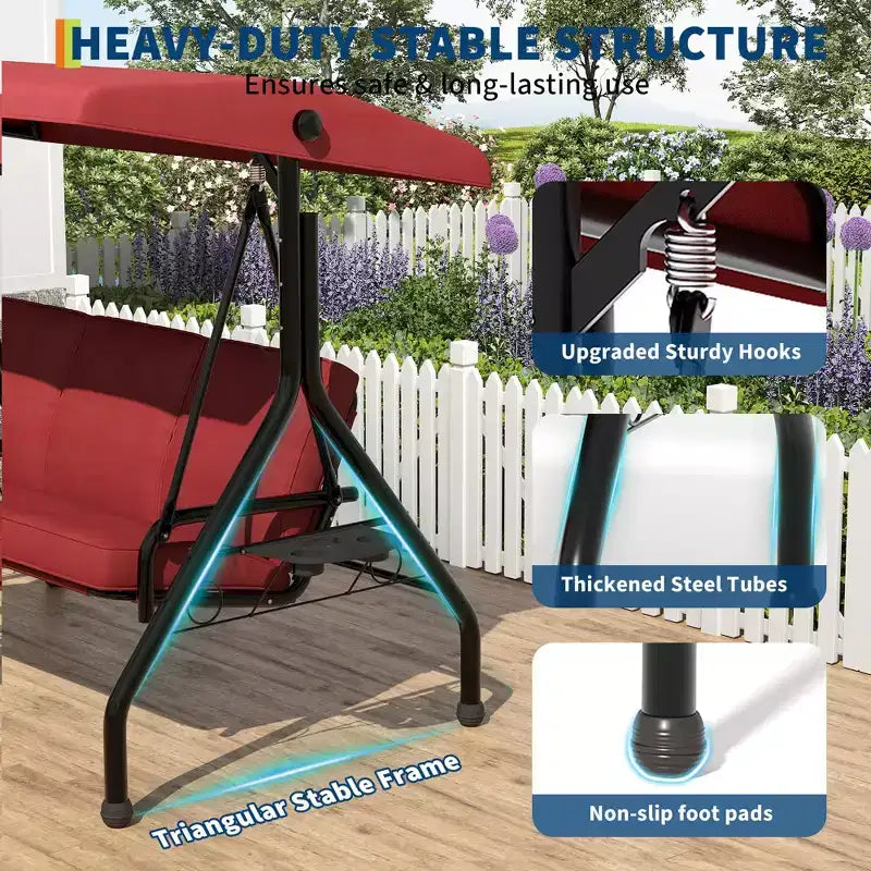 Dondolo da Esterno a 3 Posti con Tettuccio, Portabicchieri e Cuscini Imbottiti, Telaio in Acciaio Resistente alle Intemperie per Giardino, Cortile