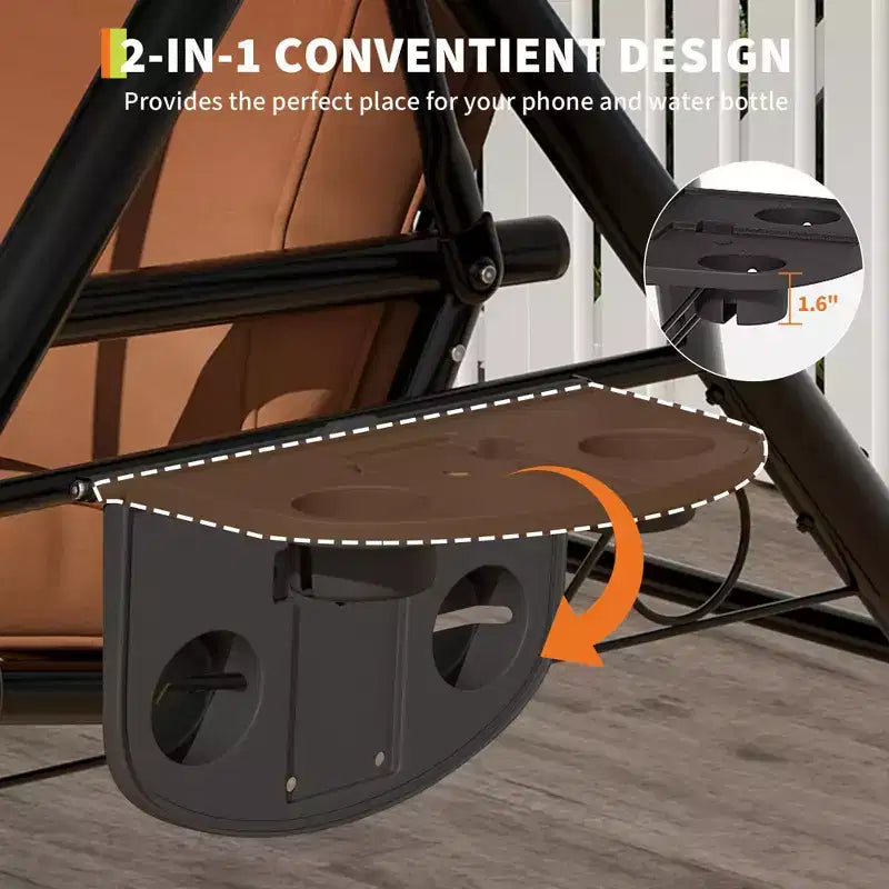 Dondolo da Esterno a 3 Posti con Tettuccio, Portabicchieri e Cuscini Imbottiti, Telaio in Acciaio Resistente alle Intemperie per Giardino, Cortile
