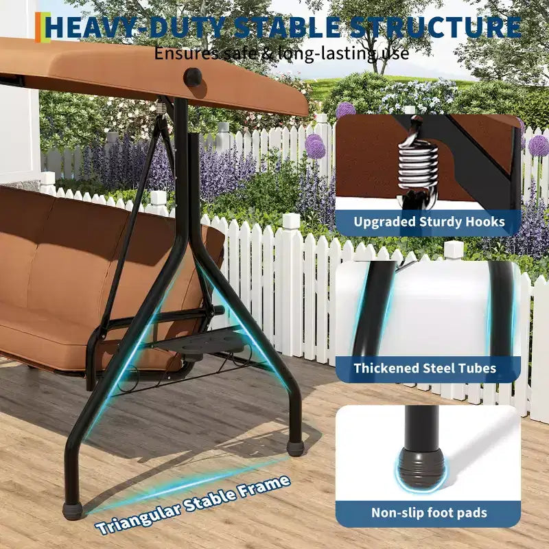 Dondolo da Esterno a 3 Posti con Tettuccio, Portabicchieri e Cuscini Imbottiti, Telaio in Acciaio Resistente alle Intemperie per Giardino, Cortile