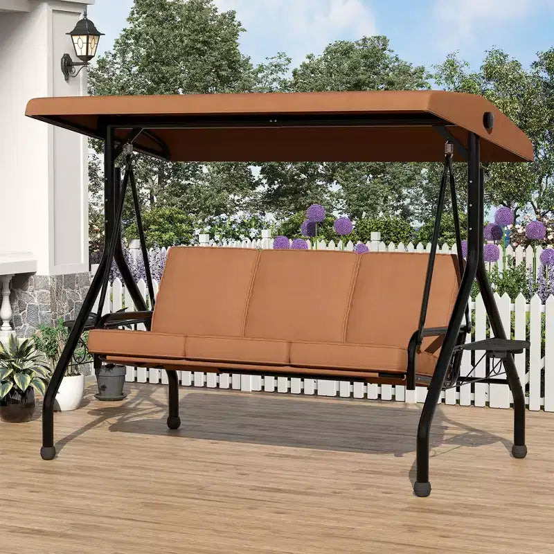 3-Seat Outdoor Patio Swing with Canopy, Cup Holders & Thickened Cushions, Weather-Resistant Steel Frame for Backyard, Garden