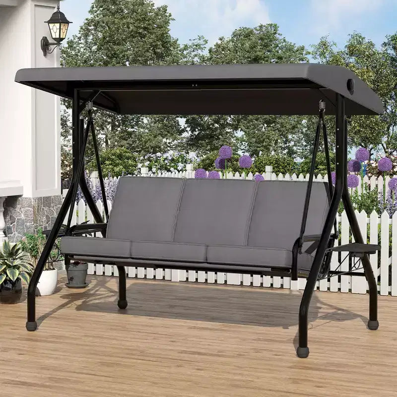 Dondolo da Esterno a 3 Posti con Tettuccio, Portabicchieri e Cuscini Imbottiti, Telaio in Acciaio Resistente alle Intemperie per Giardino, Cortile