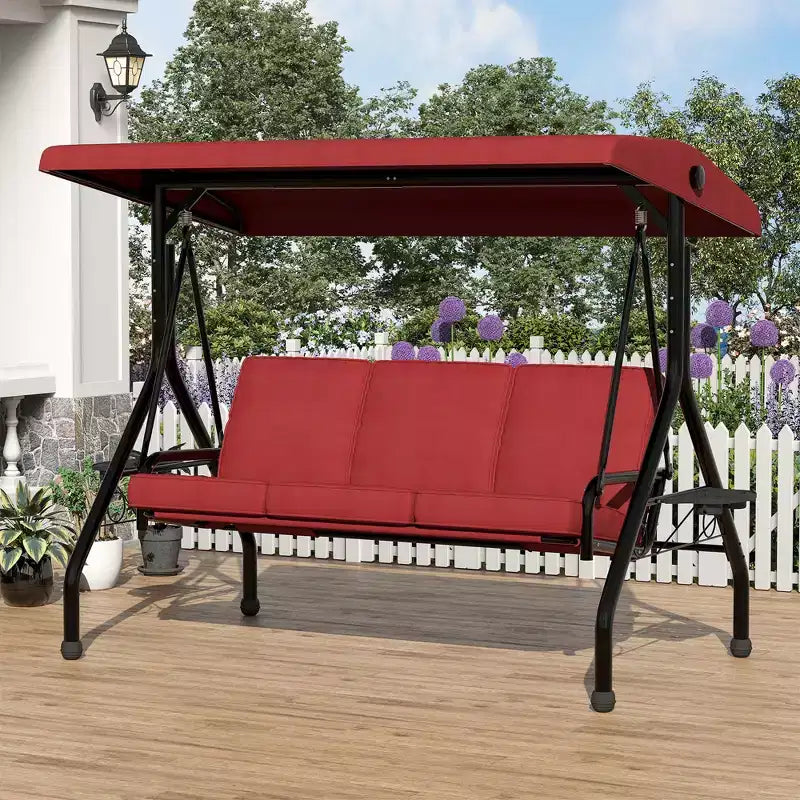 Dondolo da Esterno a 3 Posti con Tettuccio, Portabicchieri e Cuscini Imbottiti, Telaio in Acciaio Resistente alle Intemperie per Giardino, Cortile