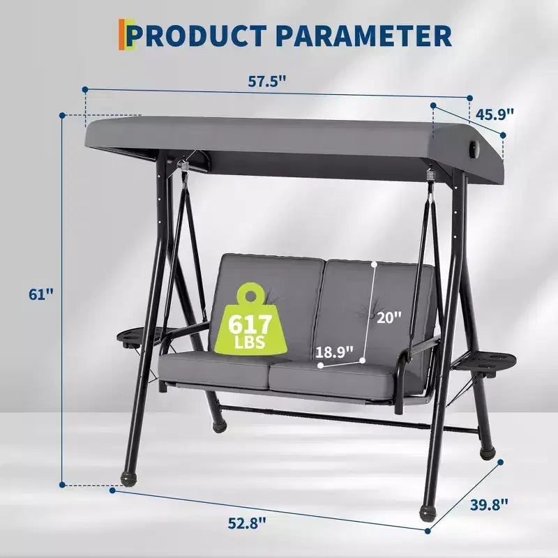 Adjustable 2-in-1 Patio Swing for 2 with Canopy, Cup Holders & Thick Cushions, Weather-Resistant Steel Frame