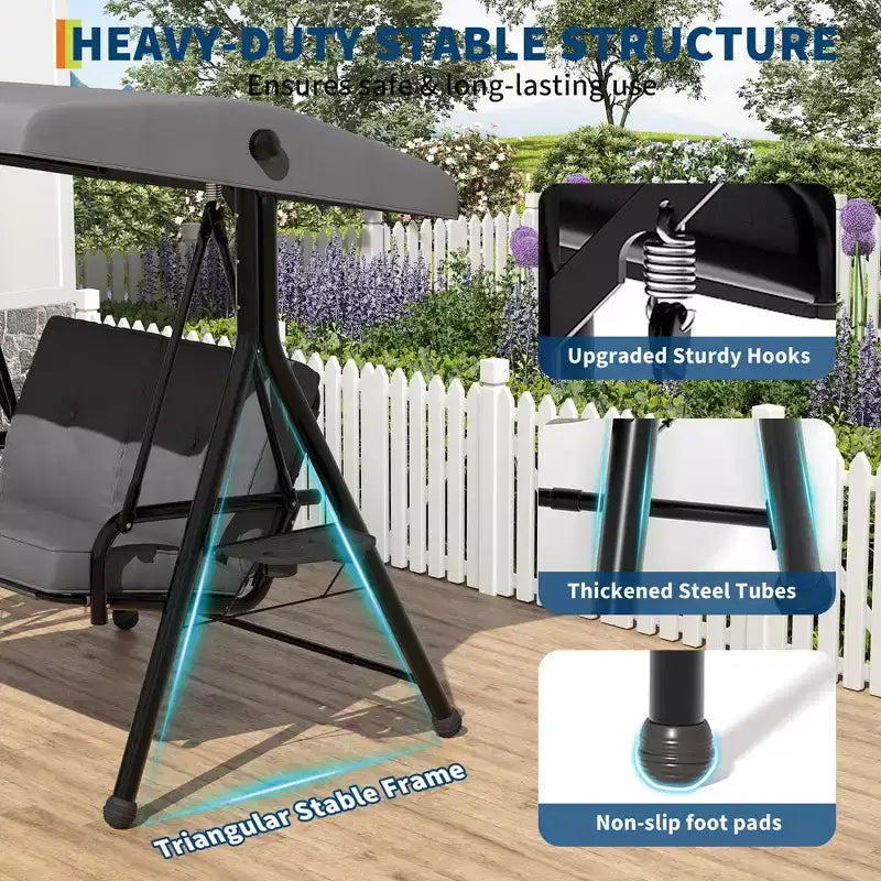 Adjustable 2-in-1 Patio Swing for 2 with Canopy, Cup Holders & Thick Cushions, Weather-Resistant Steel Frame
