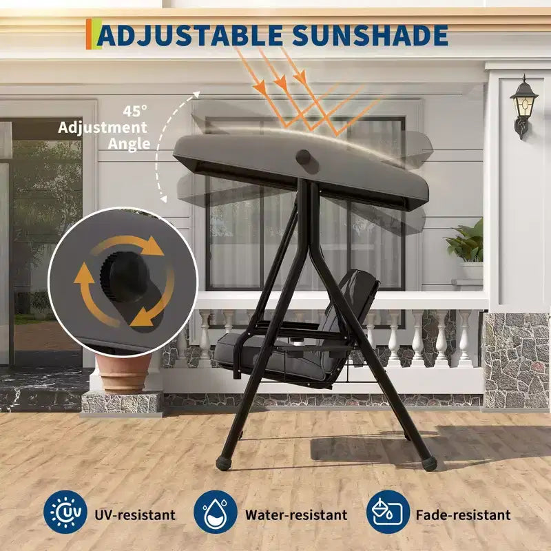 Adjustable 2-in-1 Patio Swing for 2 with Canopy, Cup Holders & Thick Cushions, Weather-Resistant Steel Frame