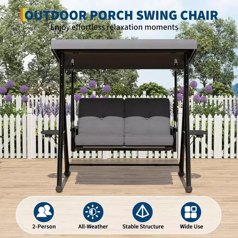 Adjustable 2-in-1 Patio Swing for 2 with Canopy, Cup Holders & Thick Cushions, Weather-Resistant Steel Frame