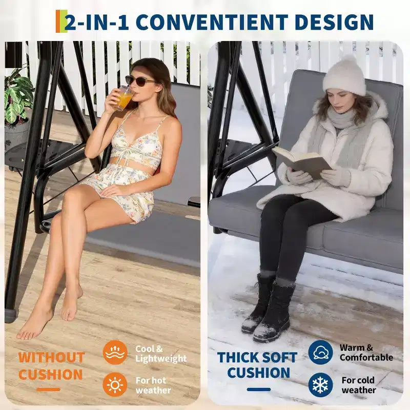 Adjustable 2-in-1 Patio Swing for 2 with Canopy, Cup Holders & Thick Cushions, Weather-Resistant Steel Frame