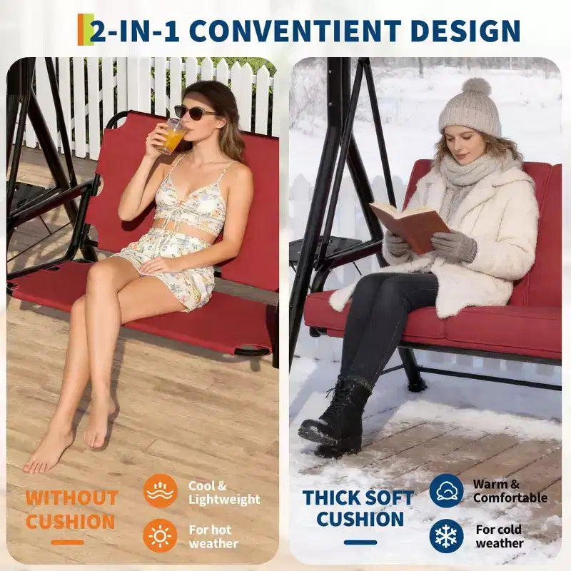 Adjustable 2-in-1 Patio Swing for 2 with Canopy, Cup Holders & Thick Cushions, Weather-Resistant Steel Frame