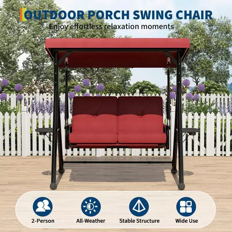 Adjustable 2-in-1 Patio Swing for 2 with Canopy, Cup Holders & Thick Cushions, Weather-Resistant Steel Frame