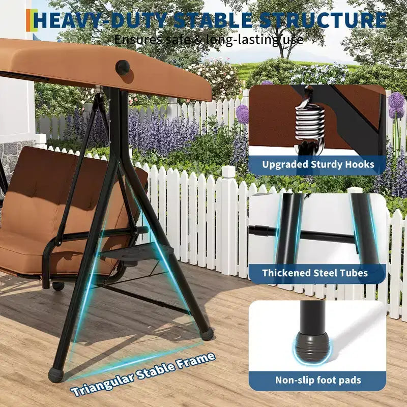 Adjustable 2-in-1 Patio Swing for 2 with Canopy, Cup Holders & Thick Cushions, Weather-Resistant Steel Frame