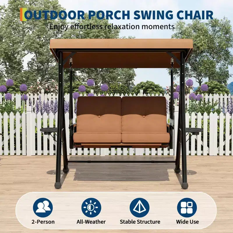Adjustable 2-in-1 Patio Swing for 2 with Canopy, Cup Holders & Thick Cushions, Weather-Resistant Steel Frame