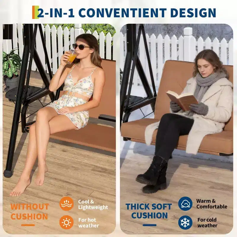 Adjustable 2-in-1 Patio Swing for 2 with Canopy, Cup Holders & Thick Cushions, Weather-Resistant Steel Frame