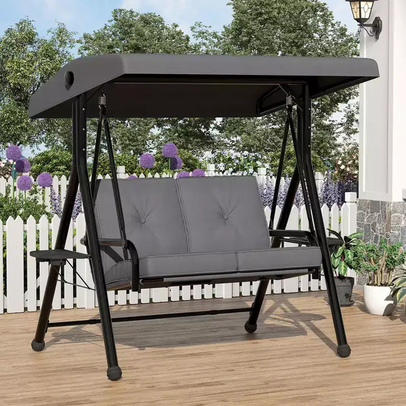 Dondolo da Patio Regolabile 2 in 1 per 2 Persone con Tettuccio, Portabicchieri e Cuscini Spessi, Telaio in Acciaio Resistente alle Intemperie