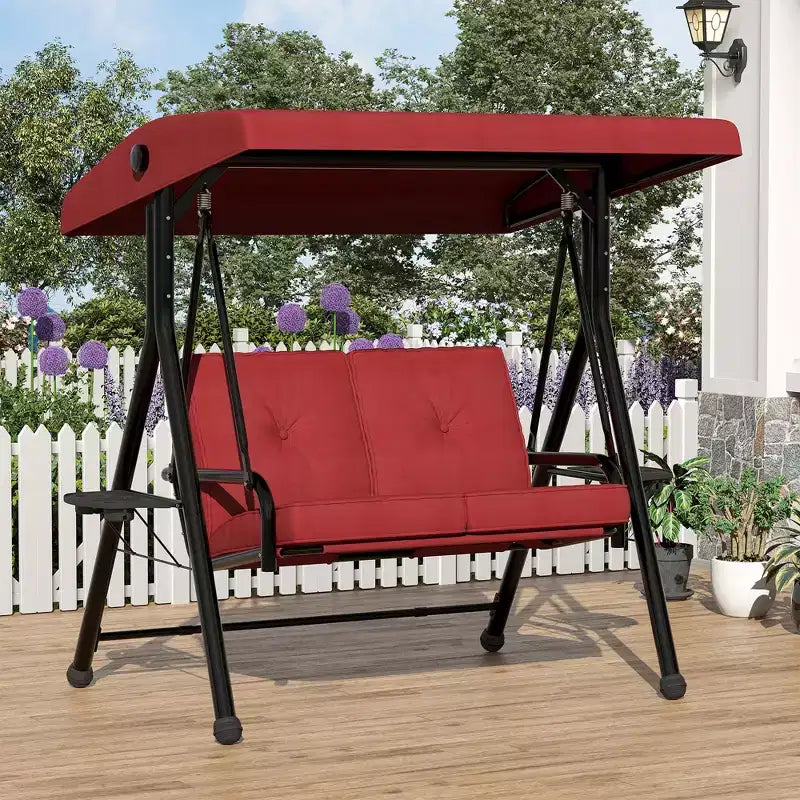 Dondolo da Patio Regolabile 2 in 1 per 2 Persone con Tettuccio, Portabicchieri e Cuscini Spessi, Telaio in Acciaio Resistente alle Intemperie