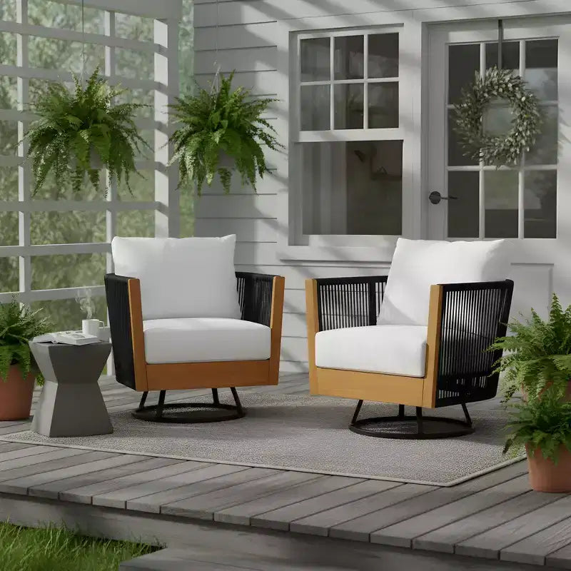 Christopher Knight Home Taeyang - Sedie Girevoli Moderne da Esterno in Acacia con Cuscini e Design in Corda (Set da 2)