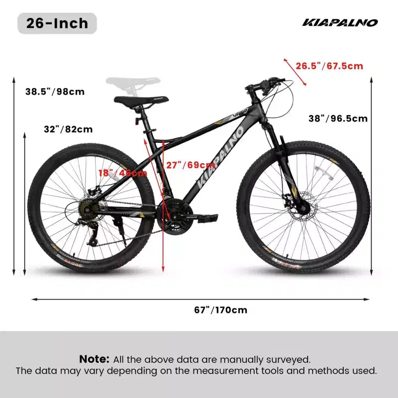 NAYSAYE Bicicletta da Montagna da 26 Pollici, 21 velocità, Bici per Adulti con Telaio in Acciaio ad Alto Tenore di Carbonio e Doppi Freni a Disco Meccanici, 67*26.5*38