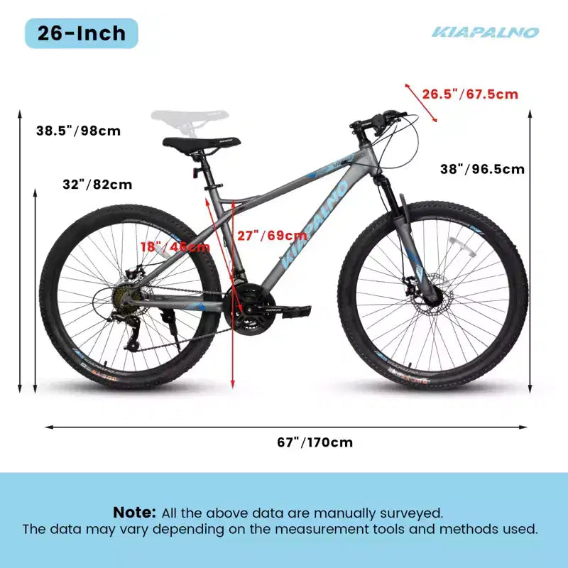 NAYSAYE Bicicletta da Montagna da 26 Pollici, 21 velocità, Bici per Adulti con Telaio in Acciaio ad Alto Tenore di Carbonio e Doppi Freni a Disco Meccanici, 67*26.5*38