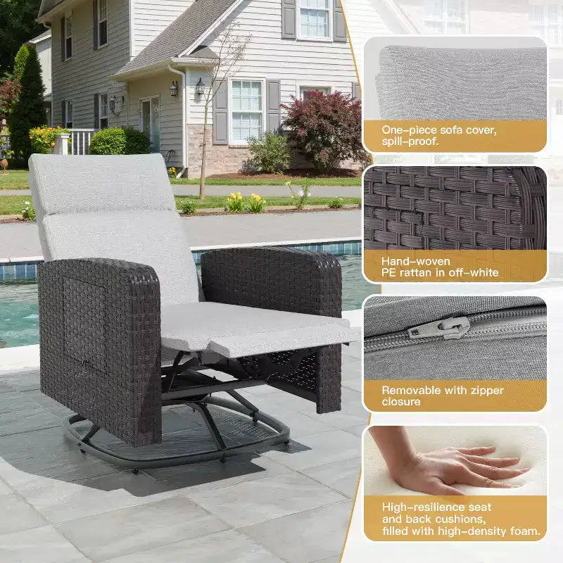 ALAULM Swivel Chair, Multi-functional Rattan Recliner w/Footrest, table tray Fully reclinable for patio, living rooms&bedrooms