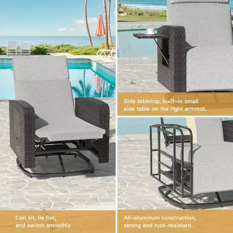 ALAULM Swivel Chair, Multi-functional Rattan Recliner w/Footrest, table tray Fully reclinable for patio, living rooms&bedrooms