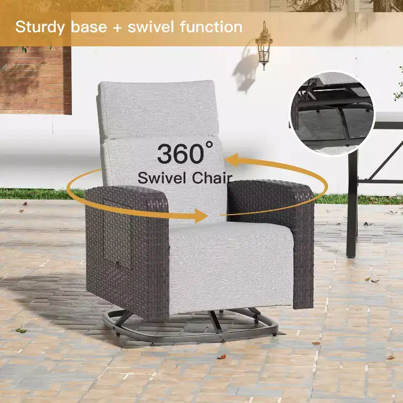 ALAULM Swivel Chair, Multi-functional Rattan Recliner w/Footrest, table tray Fully reclinable for patio, living rooms&bedrooms