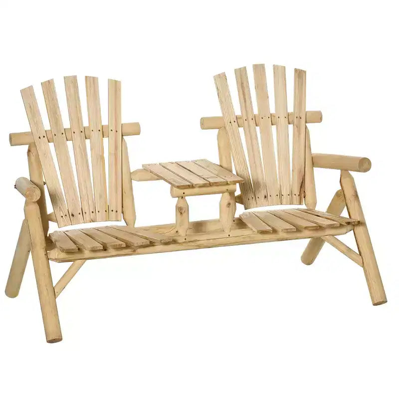 2-Seat Wooden Adirondack Chair, Patio Bench with Table, Outdoor Loveseat Fire Pit Chair for Porch, Deck