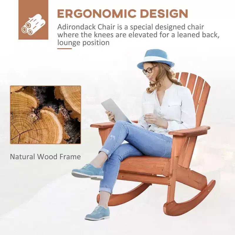 Wood Adirondack Outdoor Lounge Rocking Chair Fire Pit Seating with Slatted Wooden Design, Fanned Back