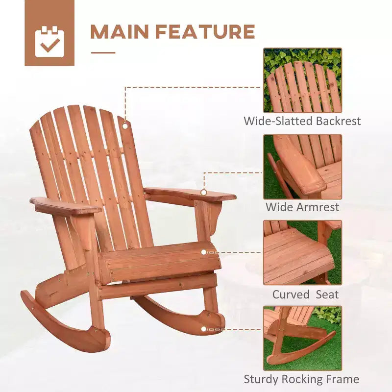 Wood Adirondack Outdoor Lounge Rocking Chair Fire Pit Seating with Slatted Wooden Design, Fanned Back