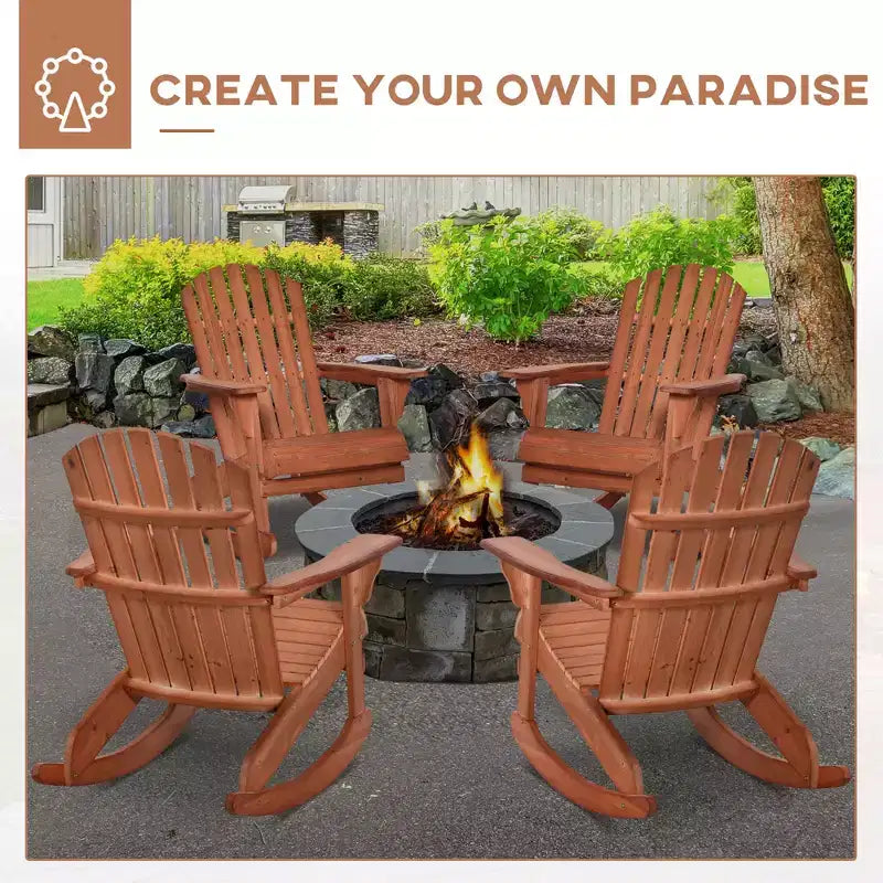 Wood Adirondack Outdoor Lounge Rocking Chair Fire Pit Seating with Slatted Wooden Design, Fanned Back